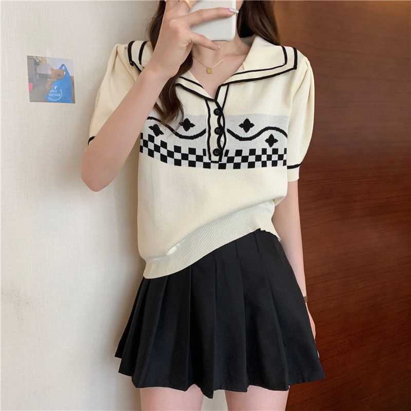 Jiashucheng Áo Thun polo Dệt Kim Mỏng Tay Ngắn Eo Cao Màu Sắc Retro Mùa Hè Dành Cho Bạn Nữ