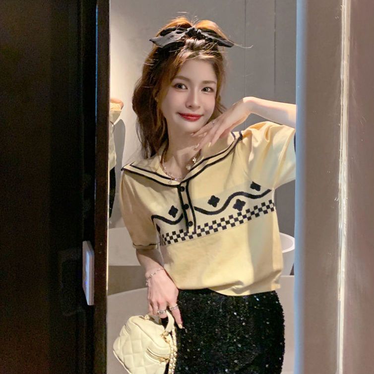 Jiashucheng Áo Thun polo Dệt Kim Mỏng Tay Ngắn Eo Cao Màu Sắc Retro Mùa Hè Dành Cho Bạn Nữ