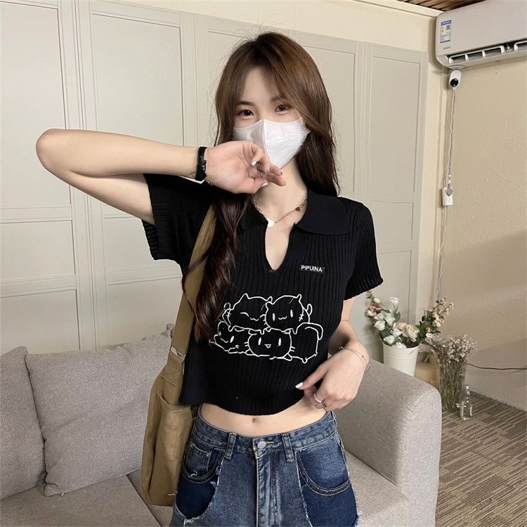 Jiashucheng Áo Thun Ngắn Tay Thêu Hình Mèo Phong Cách Mới Cho Nữ
