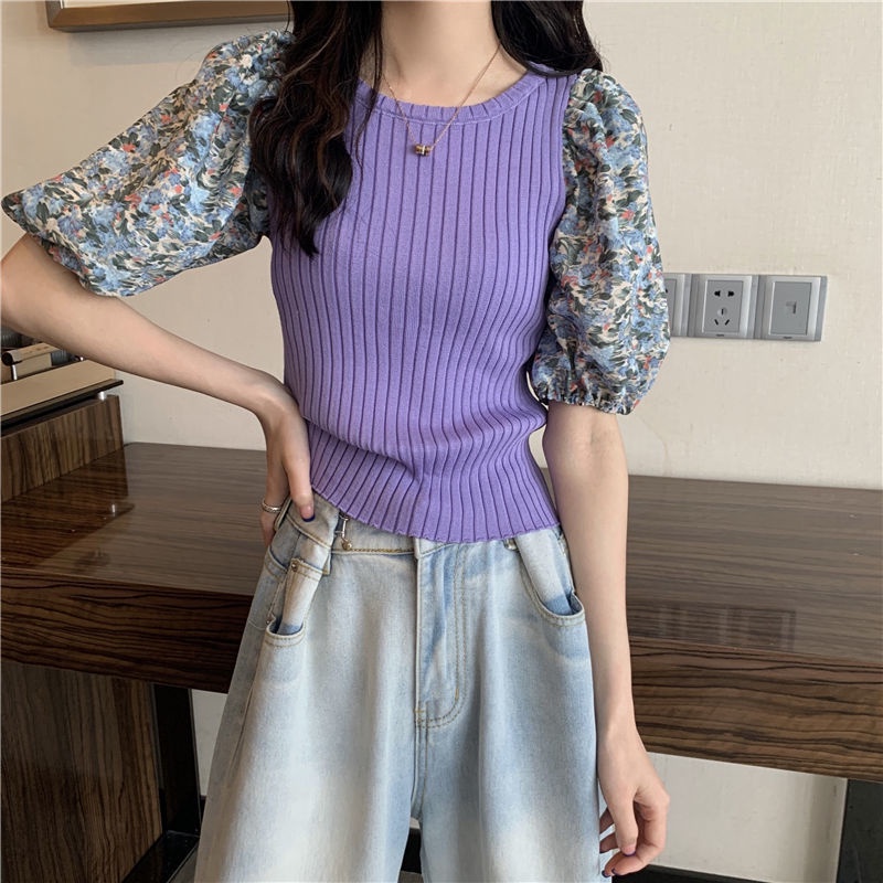Jiashucheng Áo Thun Dệt Kim Tay Ngắn Phồng Họa Tiết Hoa Xanh Dương Thời Trang Mùa Hè Phong Cách Mới Cho Nữ