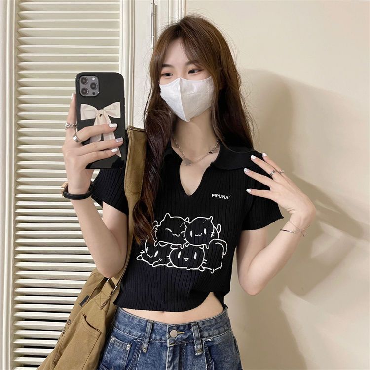 Jiashucheng Áo Thun Ngắn Tay Thêu Hình Mèo Phong Cách Mới Cho Nữ