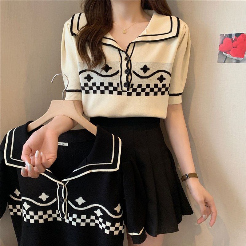 Jiashucheng Áo Thun polo Dệt Kim Mỏng Tay Ngắn Eo Cao Màu Sắc Retro Mùa Hè Dành Cho Bạn Nữ