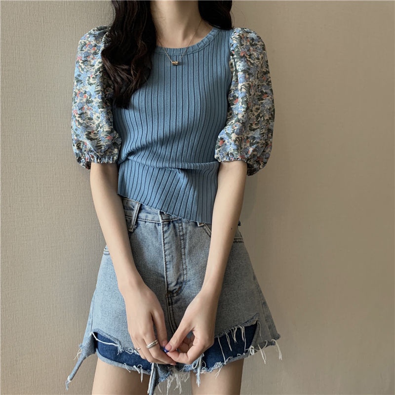 Jiashucheng Áo Thun Dệt Kim Tay Ngắn Phồng Họa Tiết Hoa Xanh Dương Thời Trang Mùa Hè Phong Cách Mới Cho Nữ