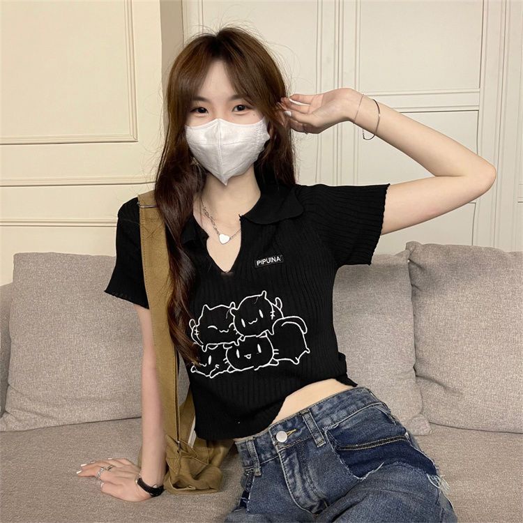 Jiashucheng Áo Thun Ngắn Tay Thêu Hình Mèo Phong Cách Mới Cho Nữ