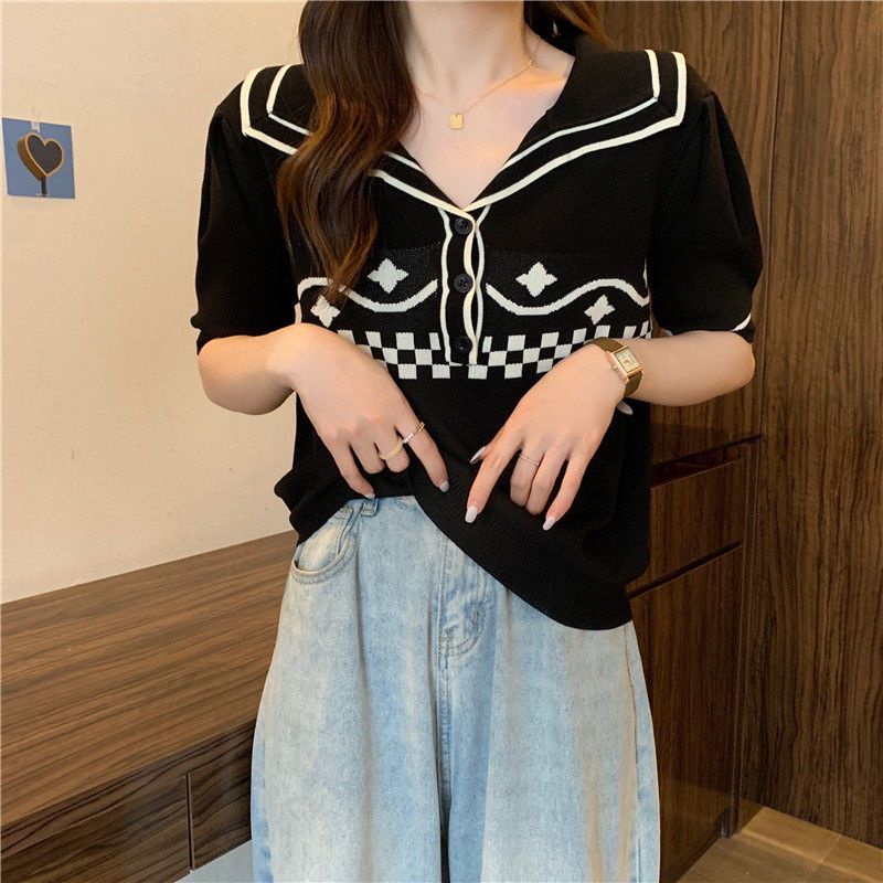 Jiashucheng Áo Thun polo Dệt Kim Mỏng Tay Ngắn Eo Cao Màu Sắc Retro Mùa Hè Dành Cho Bạn Nữ