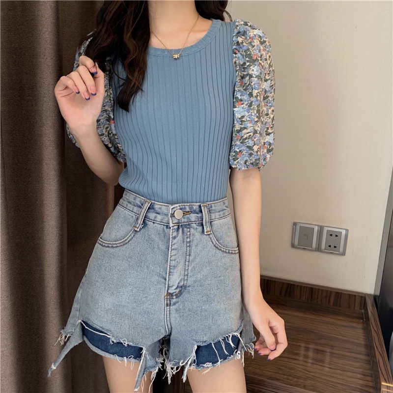 Jiashucheng Áo Thun Dệt Kim Tay Ngắn Phồng Họa Tiết Hoa Xanh Dương Thời Trang Mùa Hè Phong Cách Mới Cho Nữ