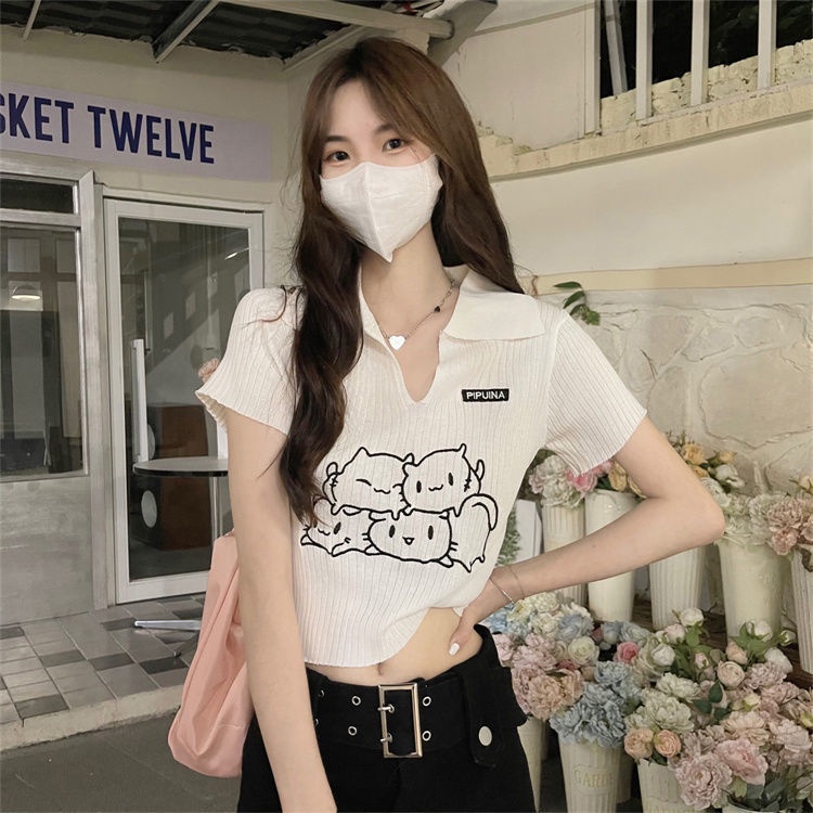 Jiashucheng Áo Thun Ngắn Tay Thêu Hình Mèo Phong Cách Mới Cho Nữ