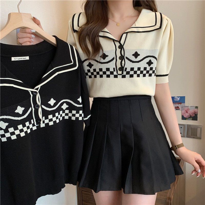 Jiashucheng Áo Thun polo Dệt Kim Mỏng Tay Ngắn Eo Cao Màu Sắc Retro Mùa Hè Dành Cho Bạn Nữ