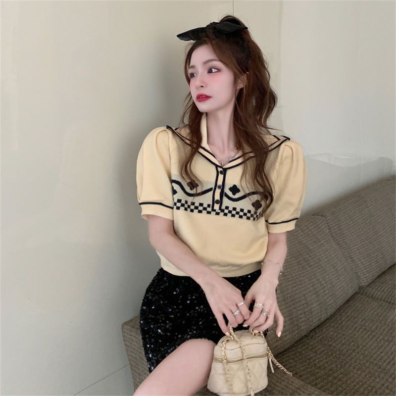 Jiashucheng Áo Thun polo Dệt Kim Mỏng Tay Ngắn Eo Cao Màu Sắc Retro Mùa Hè Dành Cho Bạn Nữ