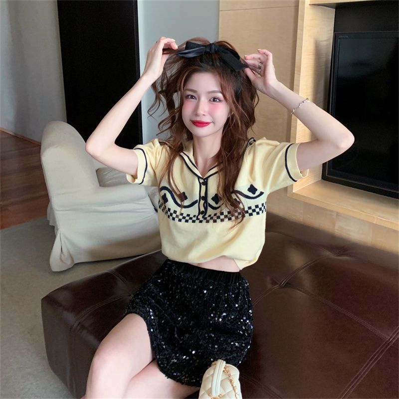 Jiashucheng Áo Thun polo Dệt Kim Mỏng Tay Ngắn Eo Cao Màu Sắc Retro Mùa Hè Dành Cho Bạn Nữ