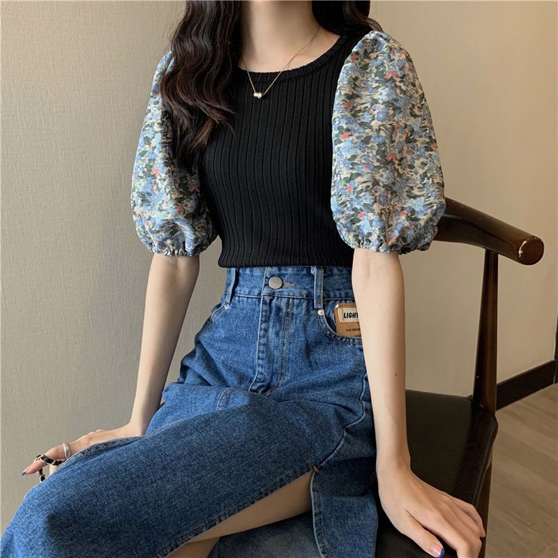 Jiashucheng Áo Thun Dệt Kim Tay Ngắn Phồng Họa Tiết Hoa Xanh Dương Thời Trang Mùa Hè Phong Cách Mới Cho Nữ