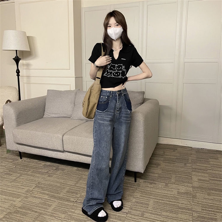 Jiashucheng Áo Thun Ngắn Tay Thêu Hình Mèo Phong Cách Mới Cho Nữ