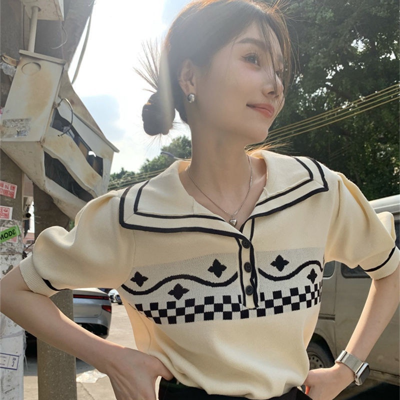 Jiashucheng Áo Thun polo Dệt Kim Mỏng Tay Ngắn Eo Cao Màu Sắc Retro Mùa Hè Dành Cho Bạn Nữ
