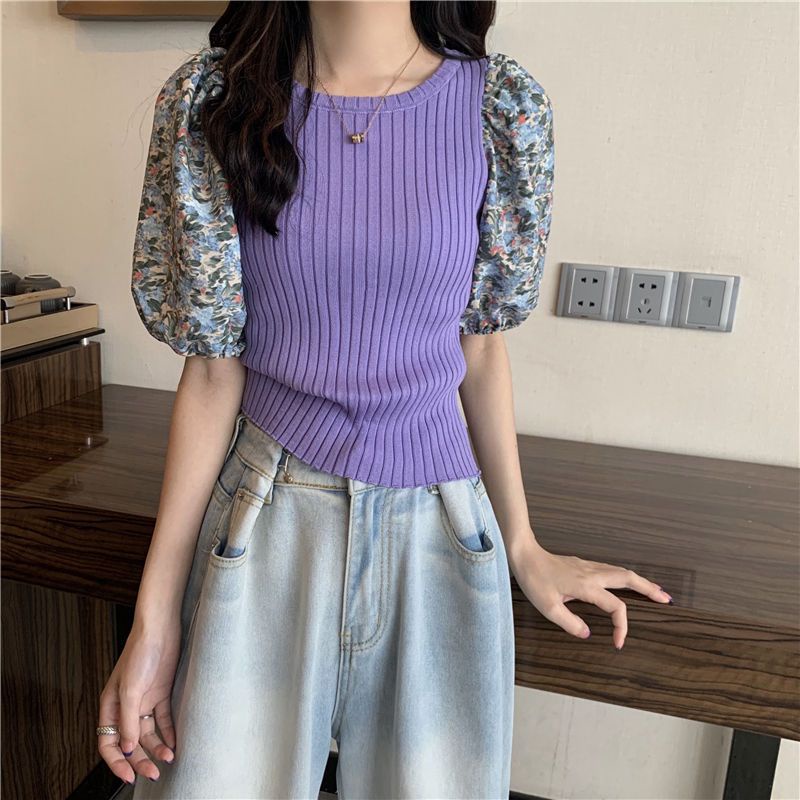 Jiashucheng Áo Thun Dệt Kim Tay Ngắn Phồng Họa Tiết Hoa Xanh Dương Thời Trang Mùa Hè Phong Cách Mới Cho Nữ