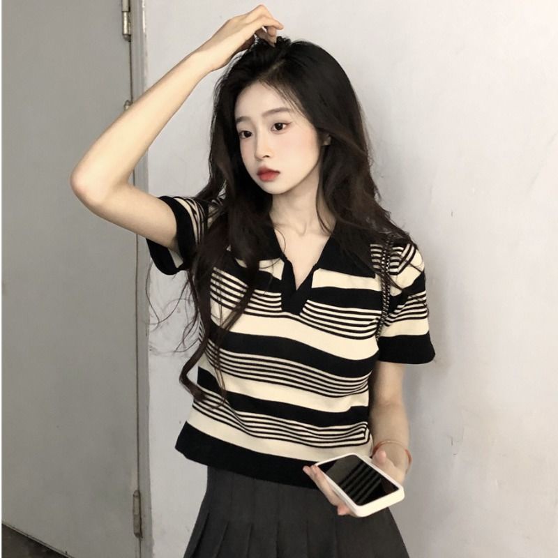 Jiashucheng Áo Sweater Dáng Rộng Ngắn Kẻ Sọc Thời Trang Mùa Hè Dễ Phối Đồ
