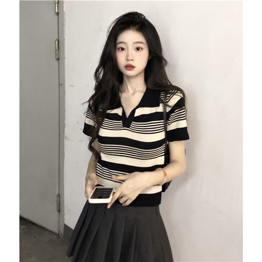 Jiashucheng Áo Sweater Dáng Rộng Ngắn Kẻ Sọc Thời Trang Mùa Hè Dễ Phối Đồ