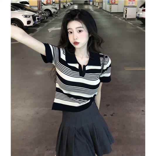 Jiashucheng Áo Sweater Dáng Rộng Ngắn Kẻ Sọc Thời Trang Mùa Hè Dễ Phối Đồ