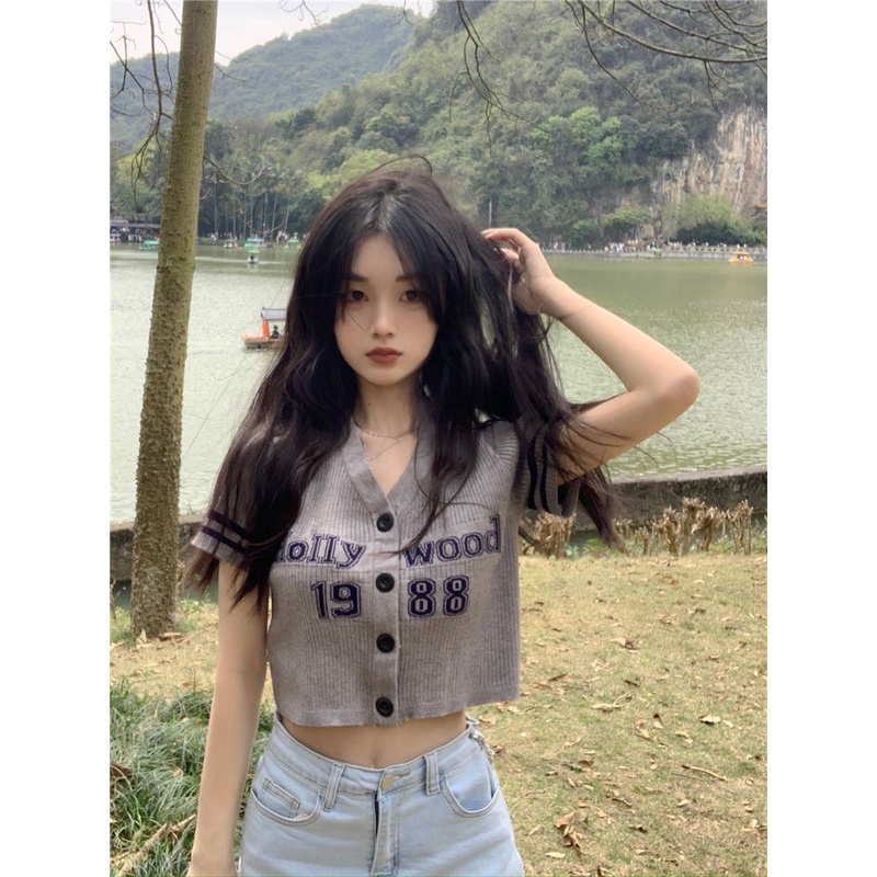 Jiashucheng Áo Cardigan Dệt Kim Tay Ngắn Cổ Chữ v Phong Cách Hong Kong Thời Trang Mùa Hè Hàng Mới