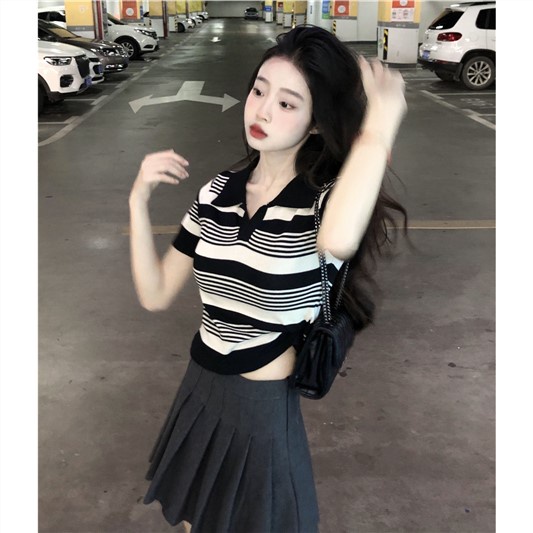 Jiashucheng Áo Sweater Dáng Rộng Ngắn Kẻ Sọc Thời Trang Mùa Hè Dễ Phối Đồ