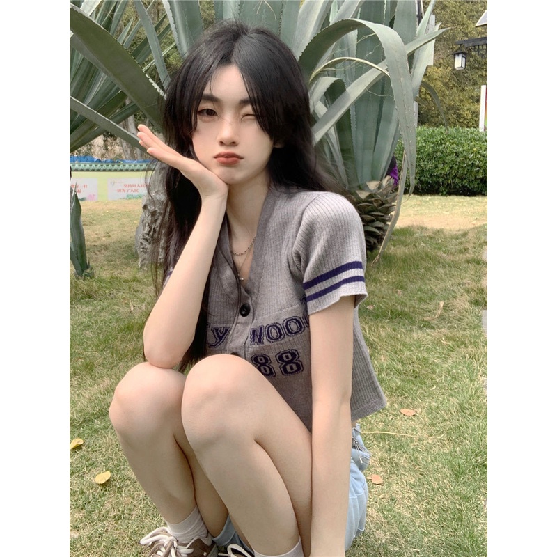Jiashucheng Áo Cardigan Dệt Kim Tay Ngắn Cổ Chữ v Phong Cách Hong Kong Thời Trang Mùa Hè Hàng Mới