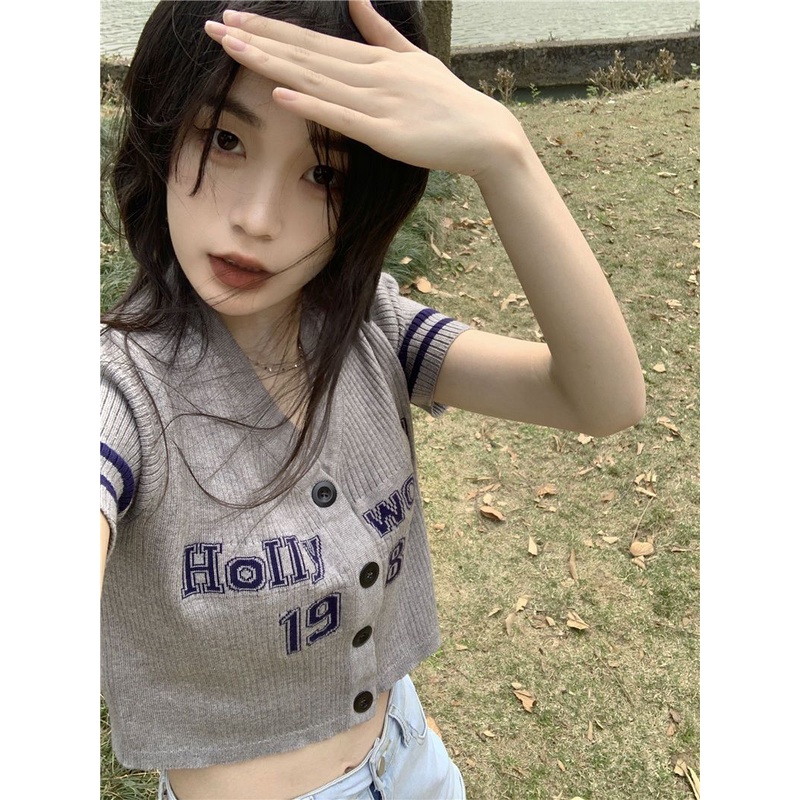 Jiashucheng Áo Cardigan Dệt Kim Tay Ngắn Cổ Chữ v Phong Cách Hong Kong Thời Trang Mùa Hè Hàng Mới