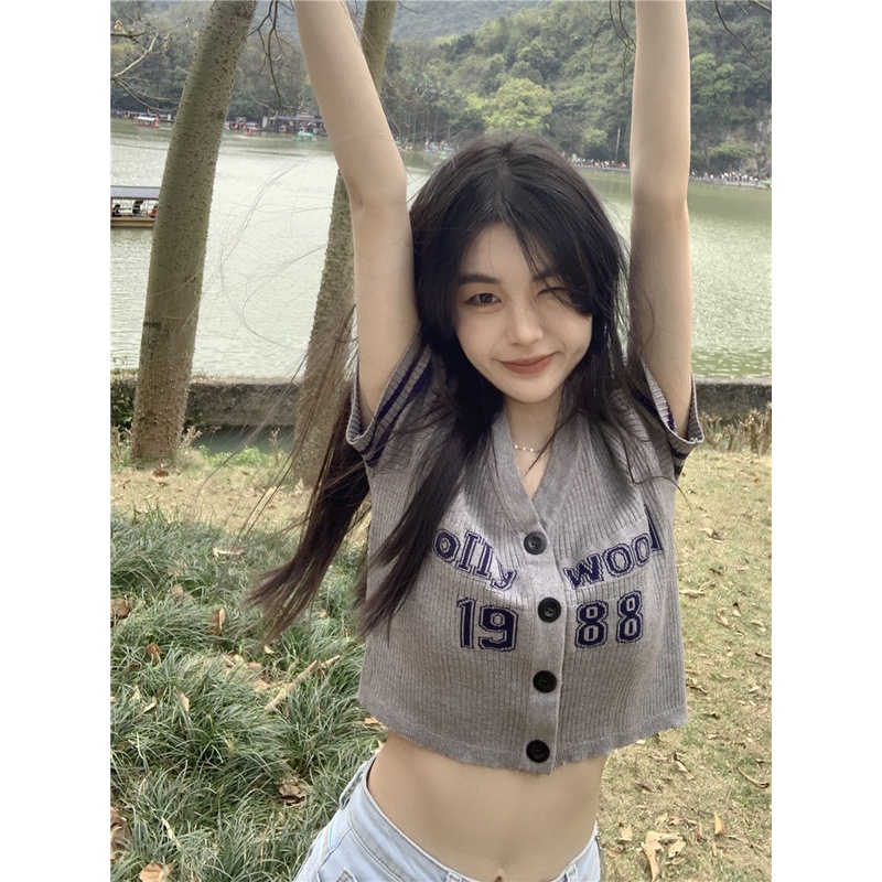 Jiashucheng Áo Cardigan Dệt Kim Tay Ngắn Cổ Chữ v Phong Cách Hong Kong Thời Trang Mùa Hè Hàng Mới