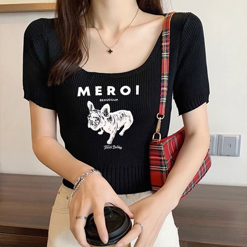 Jiashucheng Áo Thun Lụa Dệt Kim Mỏng Tay Ngắn Cổ Vuông Dáng Ôm Thời Trang Mùa Hè Phong Cách Mới Dành Cho Bạn Nữ