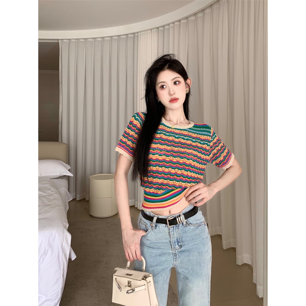 Jiashucheng Áo Len Tay Ngắn Cổ Tròn Họa Tiết Kẻ Sọc Cầu Vồng Trong Suốt Phong Cách Retro Thời Trang Mùa Hè Cho Nữ