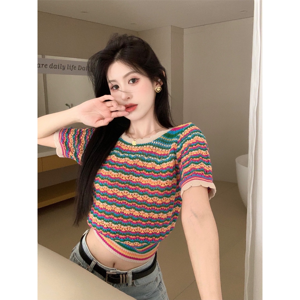 Jiashucheng Áo Len Tay Ngắn Cổ Tròn Họa Tiết Kẻ Sọc Cầu Vồng Trong Suốt Phong Cách Retro Thời Trang Mùa Hè Cho Nữ