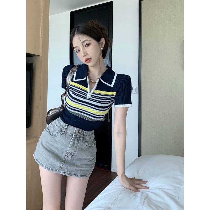 Jiashucheng Áo Sweater Cổ Polo Dáng Ôm Ngắn Thời Trang Xuân Hè Thiết Kế Mới Màu Hồng Niche Dành Cho Bạn Nữ