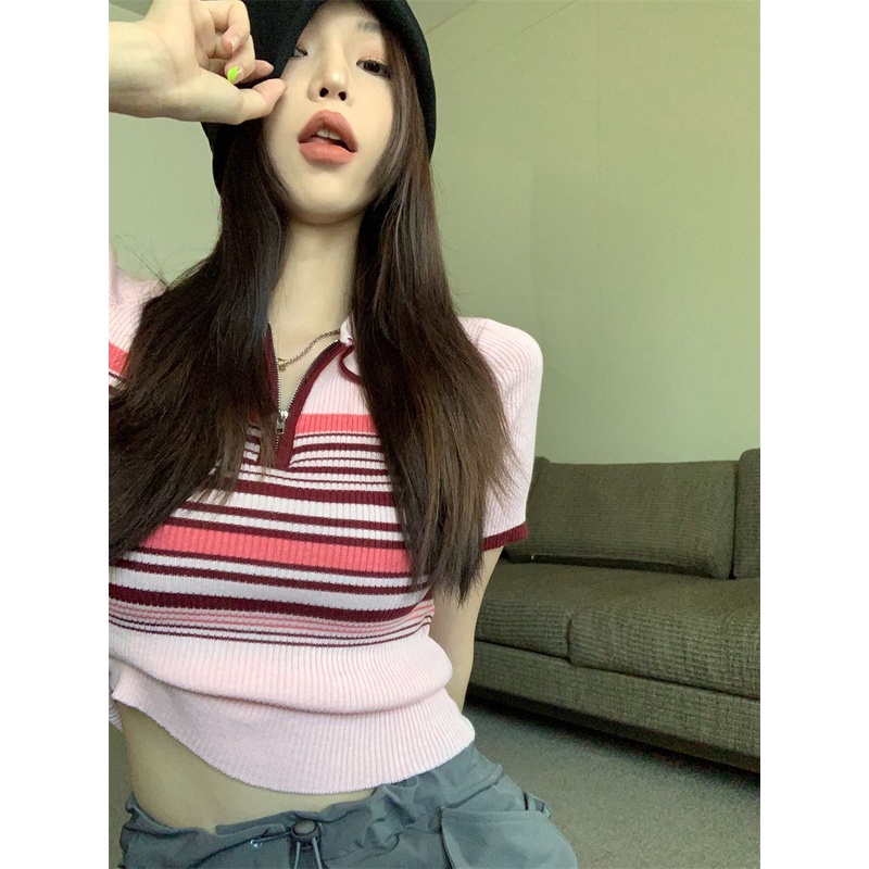 Jiashucheng Áo Sweater Cổ Polo Dáng Ôm Ngắn Thời Trang Xuân Hè Thiết Kế Mới Màu Hồng Niche Dành Cho Bạn Nữ