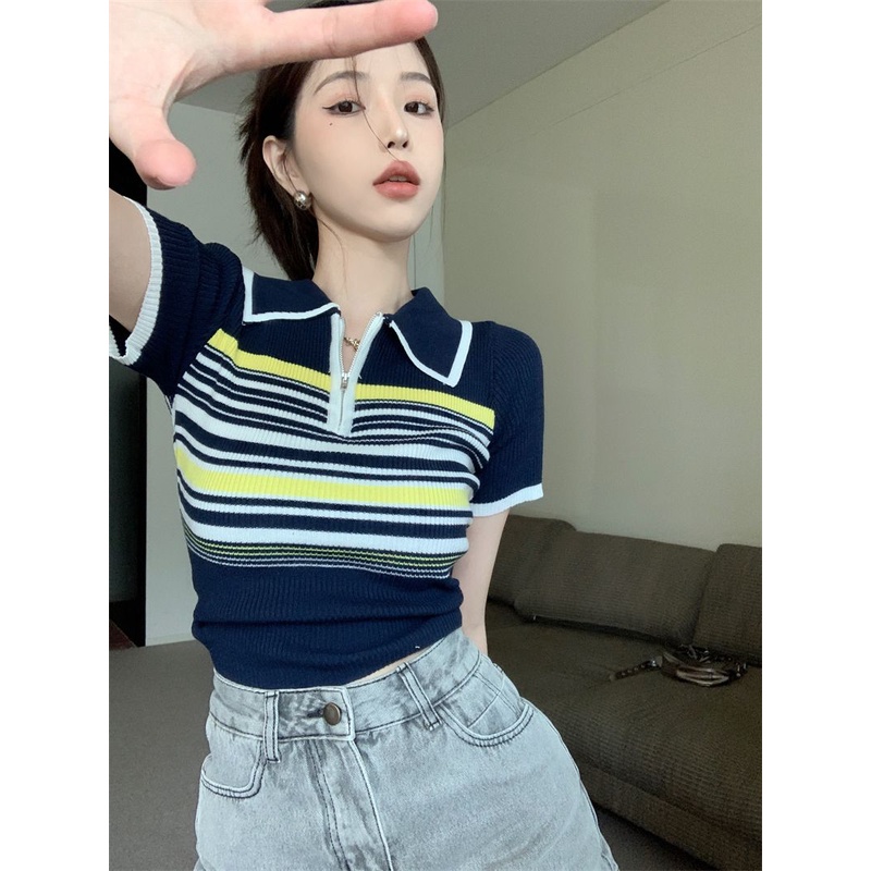 Jiashucheng Áo Sweater Cổ Polo Dáng Ôm Ngắn Thời Trang Xuân Hè Thiết Kế Mới Màu Hồng Niche Dành Cho Bạn Nữ