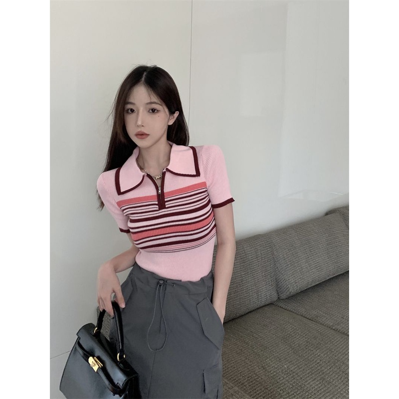 Jiashucheng Áo Sweater Cổ Polo Dáng Ôm Ngắn Thời Trang Xuân Hè Thiết Kế Mới Màu Hồng Niche Dành Cho Bạn Nữ