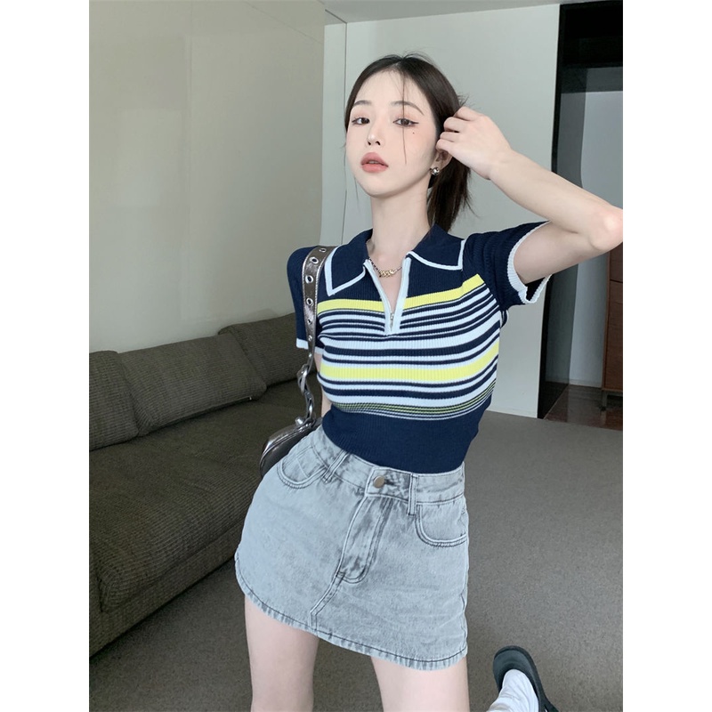 Jiashucheng Áo Sweater Cổ Polo Dáng Ôm Ngắn Thời Trang Xuân Hè Thiết Kế Mới Màu Hồng Niche Dành Cho Bạn Nữ