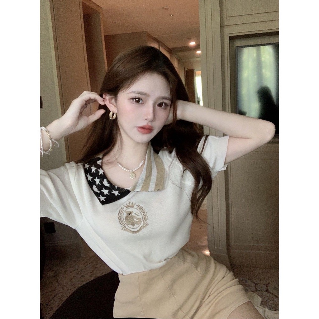 Jiashucheng Áo Sweater Mỏng Cổ polo Thêu Họa Tiết Gấu Màu Tương Phản Thời Trang Mùa Hè Ôm Dáng Vừa Vặn Niche