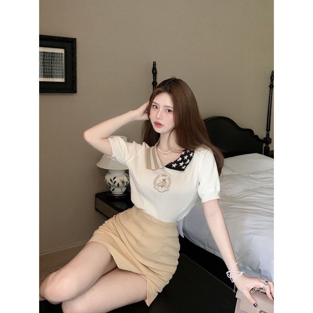 Jiashucheng Áo Sweater Mỏng Cổ polo Thêu Họa Tiết Gấu Màu Tương Phản Thời Trang Mùa Hè Ôm Dáng Vừa Vặn Niche