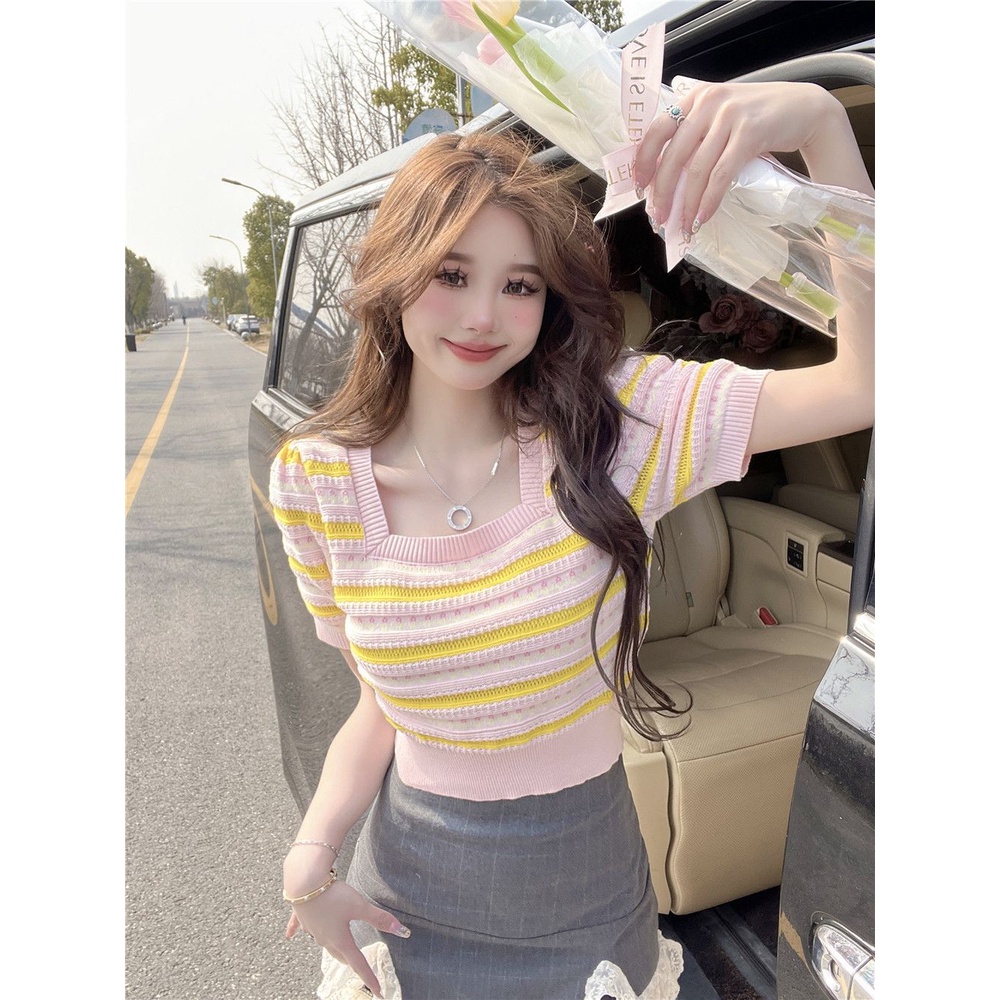 Jiashucheng Áo Thun Tay Ngắn Cổ Vuông Họa Tiết Kẻ Sọc Bằng Lụa Băng Thời Trang Mùa Hè Hàng Mới Dành Cho Bạn Nữ