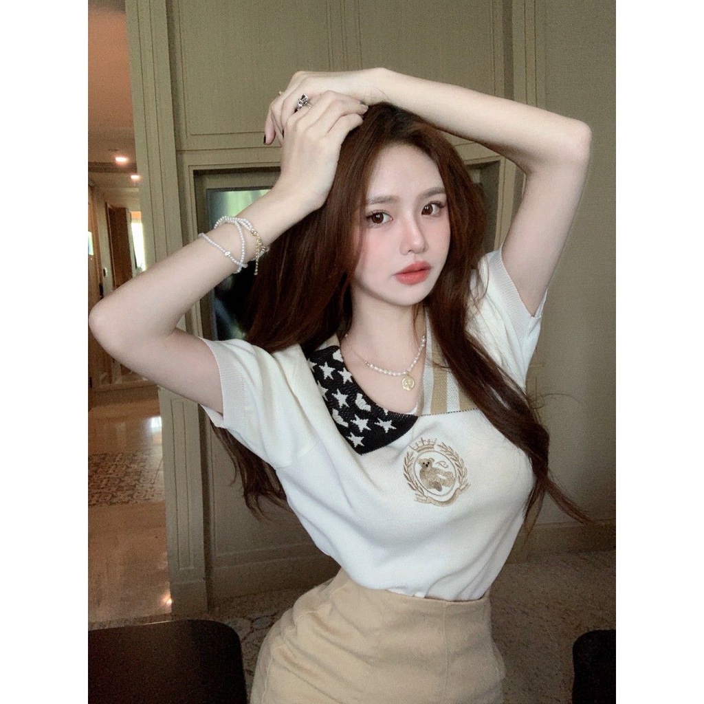 Jiashucheng Áo Sweater Mỏng Cổ polo Thêu Họa Tiết Gấu Màu Tương Phản Thời Trang Mùa Hè Ôm Dáng Vừa Vặn Niche
