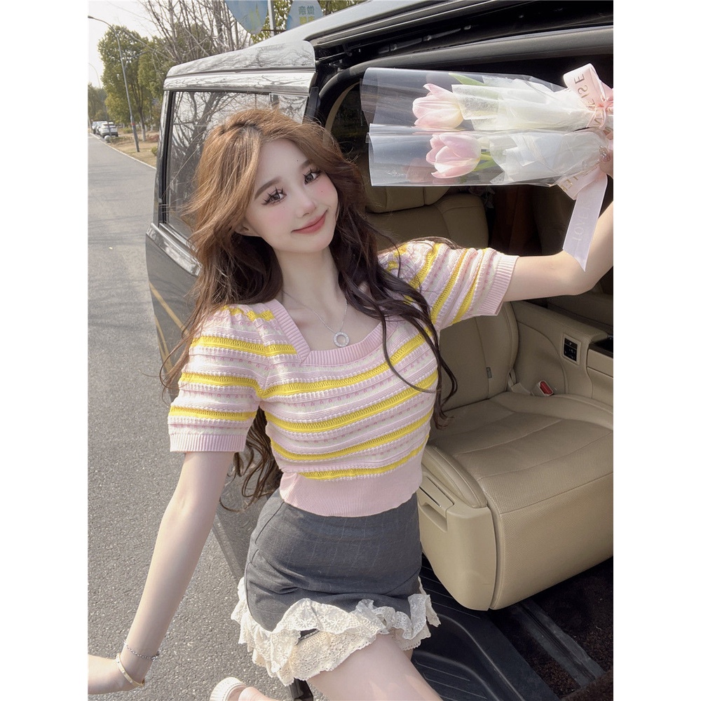 Jiashucheng Áo Thun Tay Ngắn Cổ Vuông Họa Tiết Kẻ Sọc Bằng Lụa Băng Thời Trang Mùa Hè Hàng Mới Dành Cho Bạn Nữ