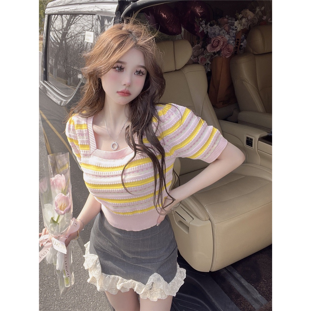 Jiashucheng Áo Thun Tay Ngắn Cổ Vuông Họa Tiết Kẻ Sọc Bằng Lụa Băng Thời Trang Mùa Hè Hàng Mới Dành Cho Bạn Nữ