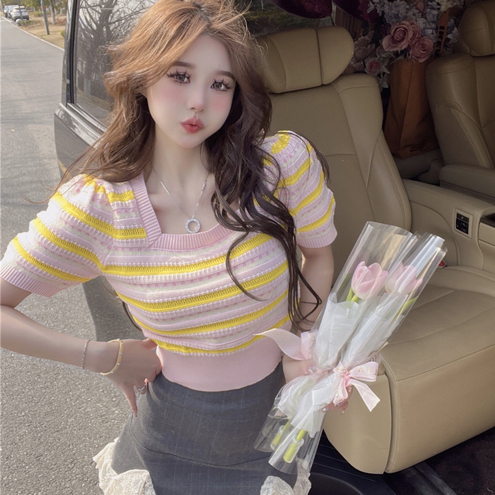 Jiashucheng Áo Thun Tay Ngắn Cổ Vuông Họa Tiết Kẻ Sọc Bằng Lụa Băng Thời Trang Mùa Hè Hàng Mới Dành Cho Bạn Nữ