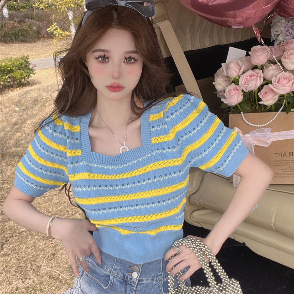 Jiashucheng Áo Thun Tay Ngắn Cổ Vuông Họa Tiết Kẻ Sọc Bằng Lụa Băng Thời Trang Mùa Hè Hàng Mới Dành Cho Bạn Nữ