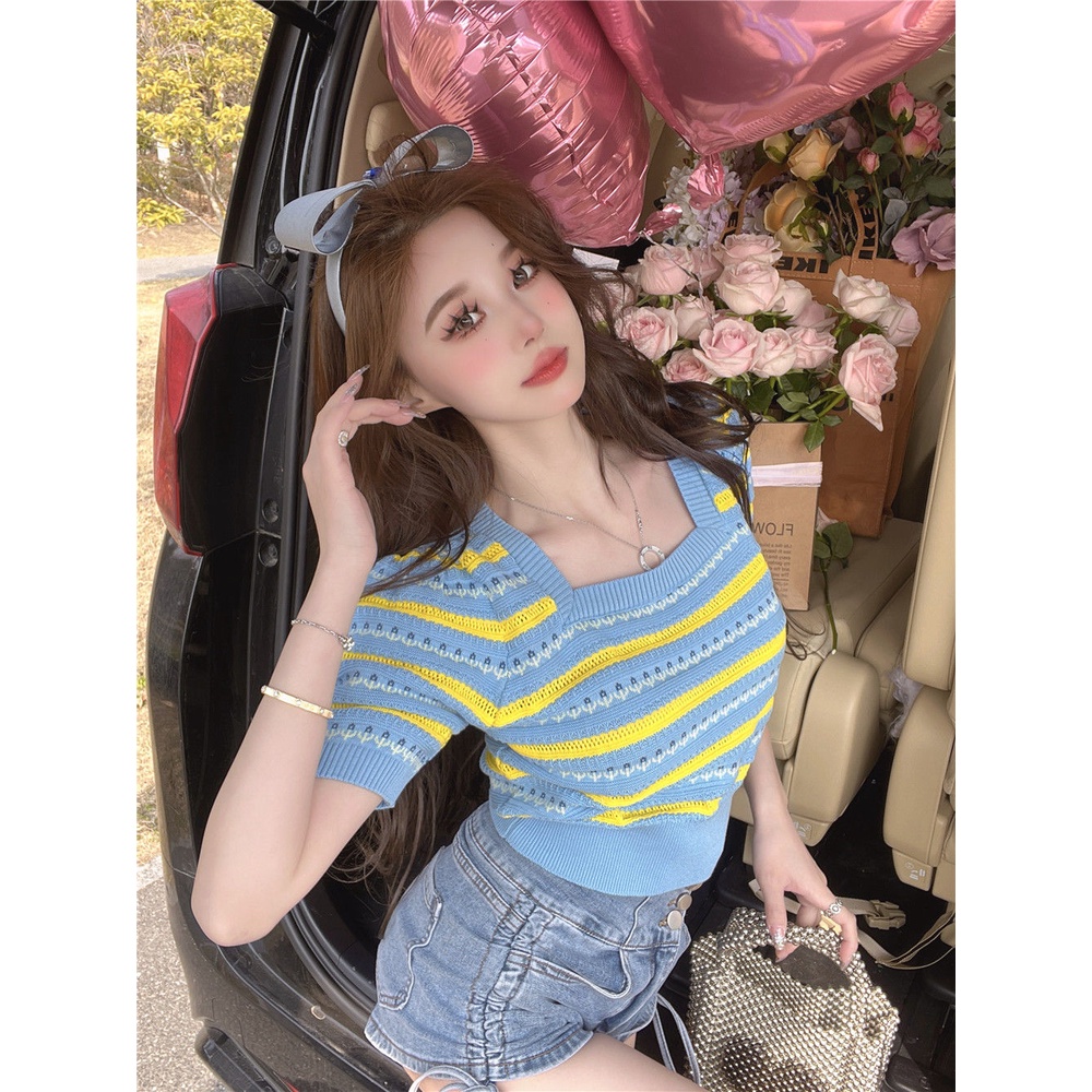 Jiashucheng Áo Thun Tay Ngắn Cổ Vuông Họa Tiết Kẻ Sọc Bằng Lụa Băng Thời Trang Mùa Hè Hàng Mới Dành Cho Bạn Nữ