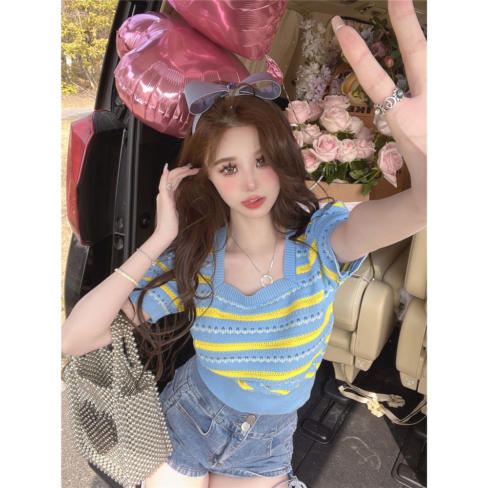 Jiashucheng Áo Thun Tay Ngắn Cổ Vuông Họa Tiết Kẻ Sọc Bằng Lụa Băng Thời Trang Mùa Hè Hàng Mới Dành Cho Bạn Nữ