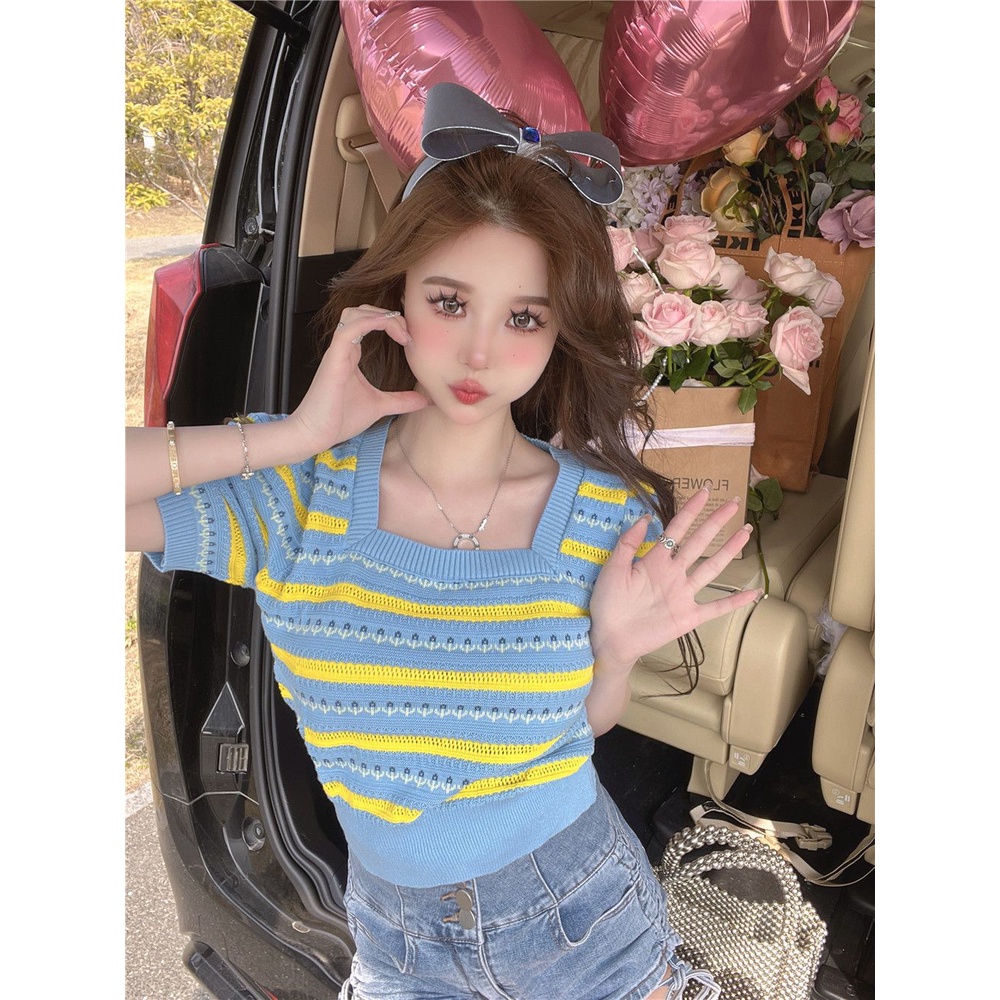 Jiashucheng Áo Thun Tay Ngắn Cổ Vuông Họa Tiết Kẻ Sọc Bằng Lụa Băng Thời Trang Mùa Hè Hàng Mới Dành Cho Bạn Nữ