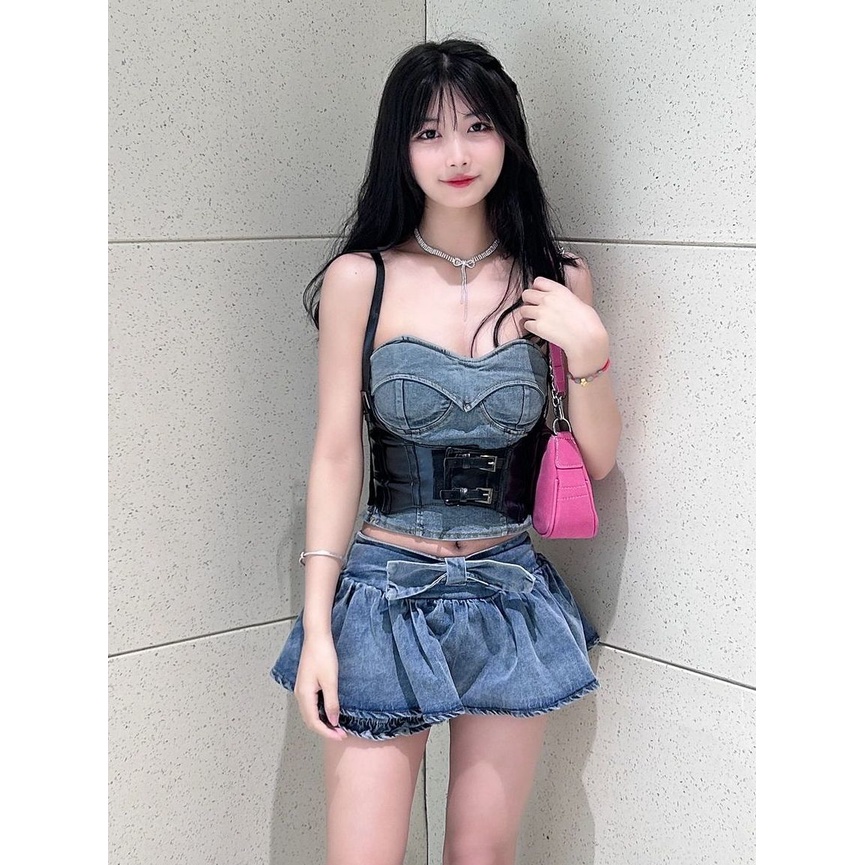 Jiashucheng Chân Váy Denim Đính Nơ Eo Thấp Chống Lộ Hàng Mùa Hè Phong Cách Mới Cho Thú Cưng S