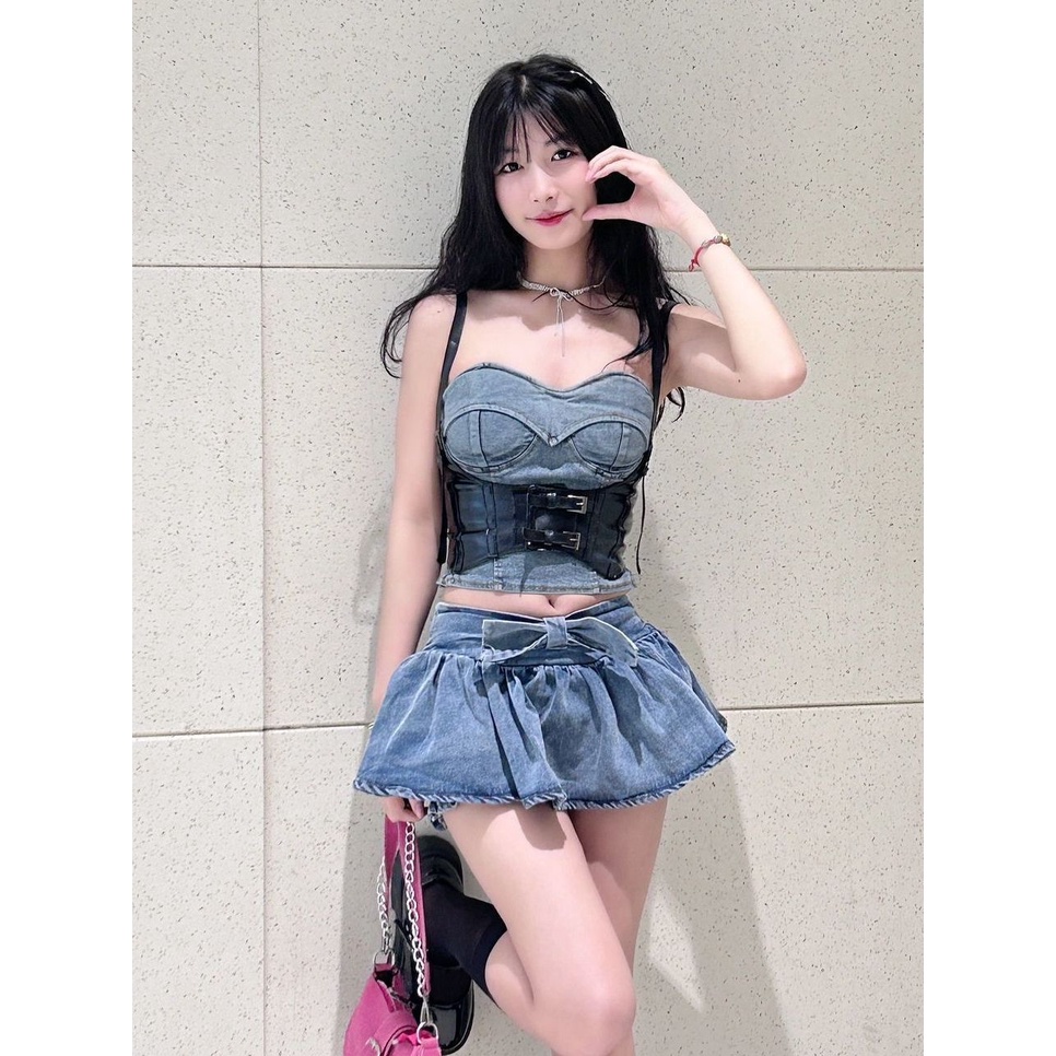 Jiashucheng Chân Váy Denim Đính Nơ Eo Thấp Chống Lộ Hàng Mùa Hè Phong Cách Mới Cho Thú Cưng S