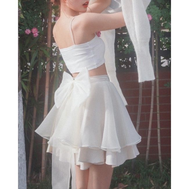 Jiashucheng Chân Váy Lưới Dáng Chữ a Eo Cao Đính Nơ Phong Cách Mori Thời Trang