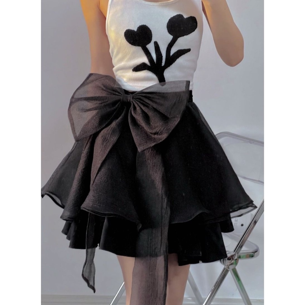 Jiashucheng Chân Váy Lưới Dáng Chữ a Eo Cao Đính Nơ Phong Cách Mori Thời Trang