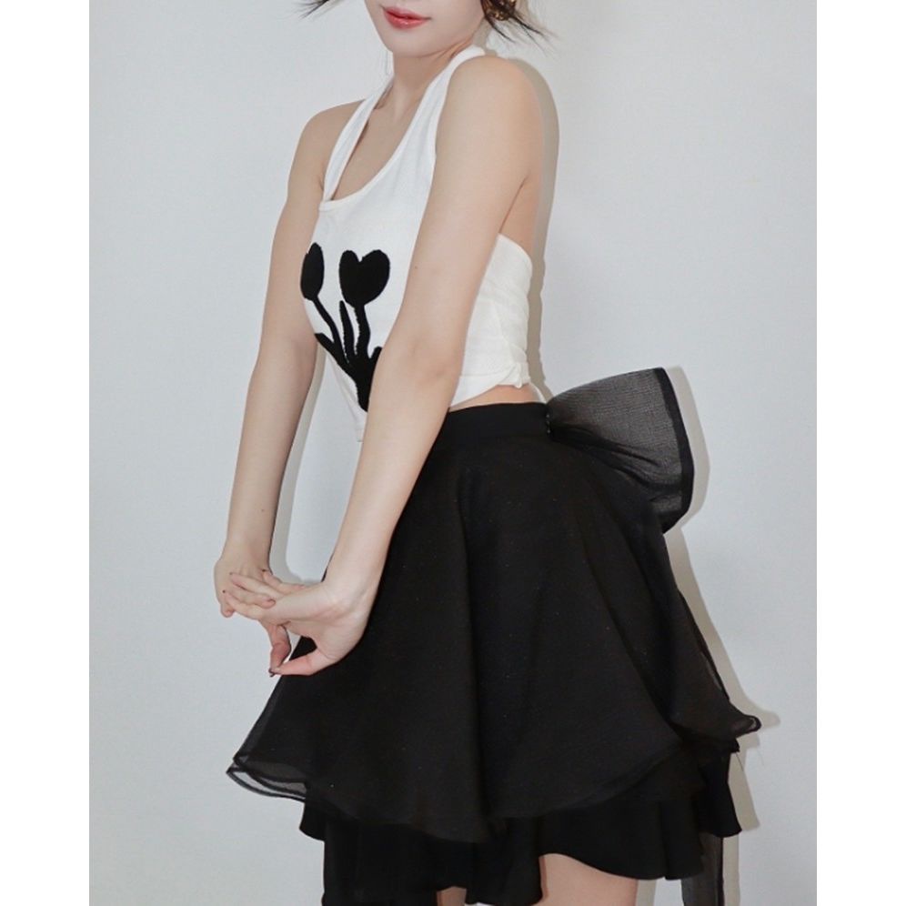 Jiashucheng Chân Váy Lưới Dáng Chữ a Eo Cao Đính Nơ Phong Cách Mori Thời Trang